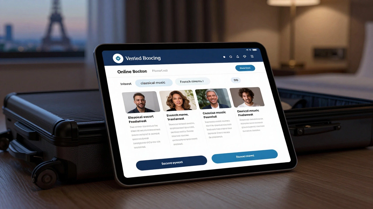 A tablet showing verified escort profiles with interests and secure payment options in a hotel room.