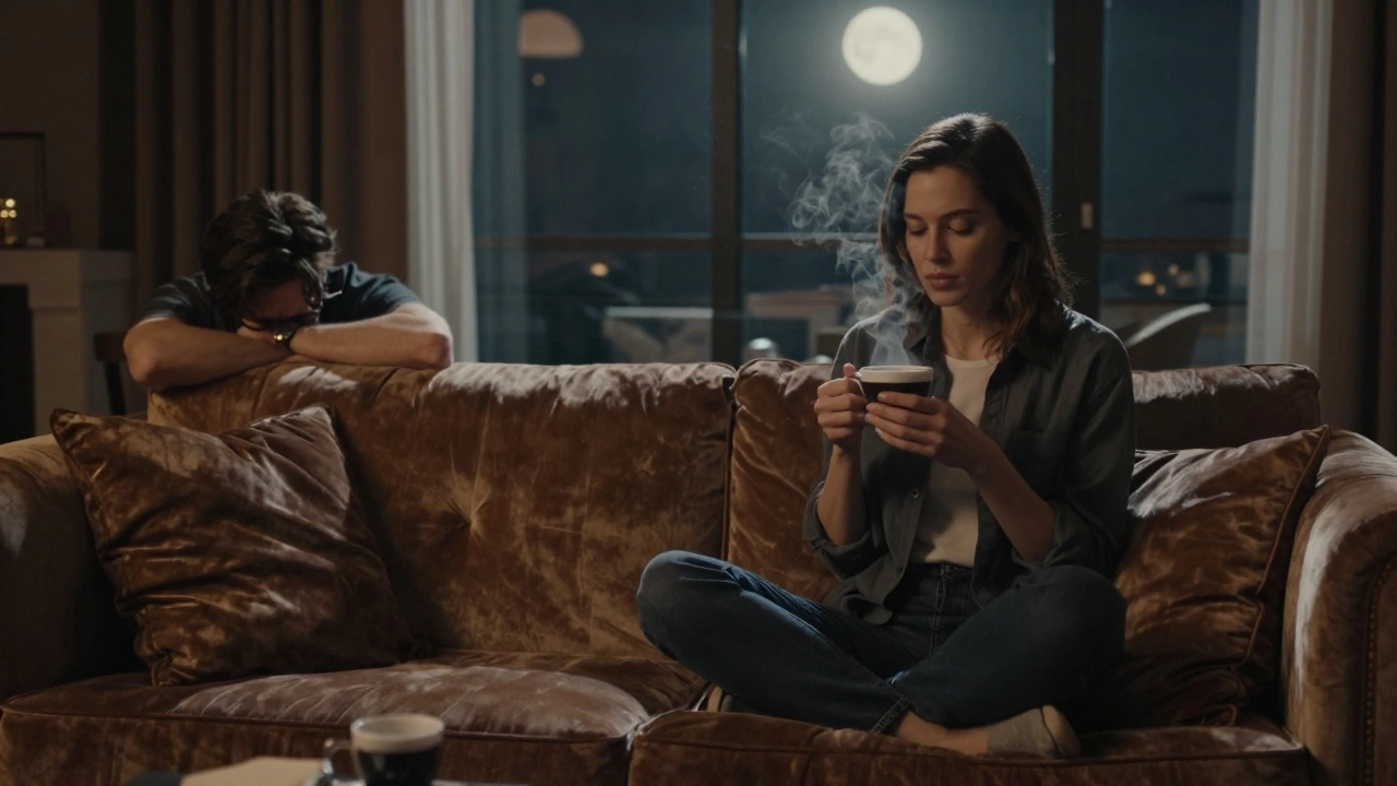 A woman sits quietly in a dim penthouse lounge, holding coffee as an unseen companion leans back in silence under moonlight.