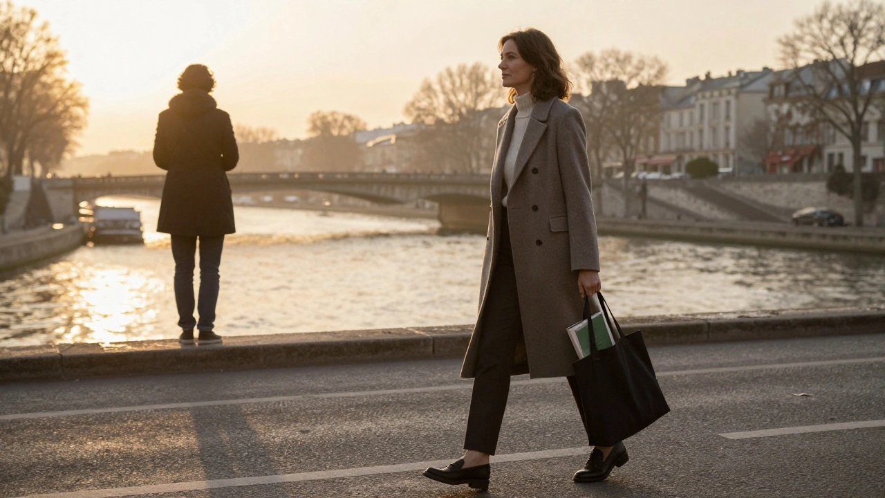 A woman walking alone along the Seine at sunrise, dignified and independent, with a book in her bag.