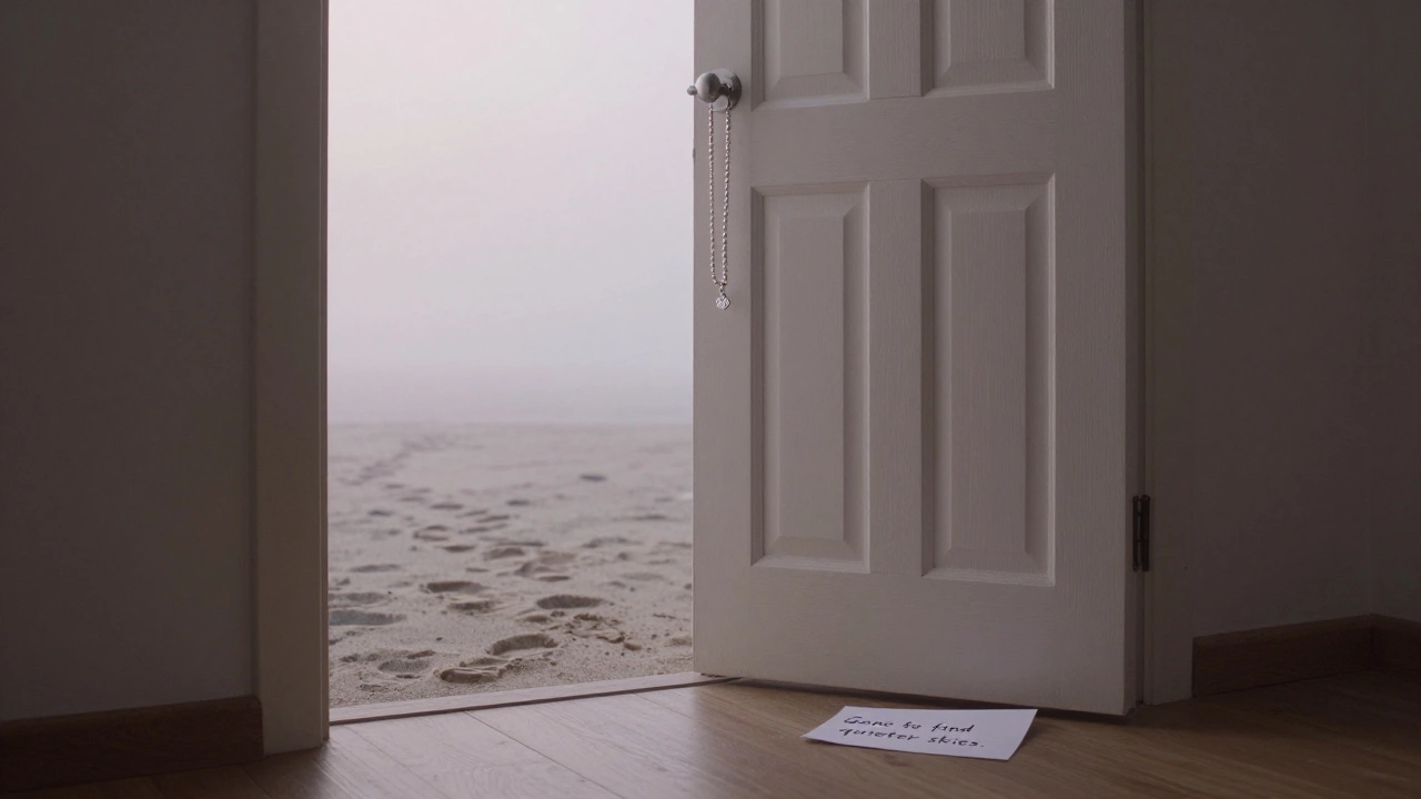 An empty doorway at dawn with a handmade necklace hanging on the knob and footprints fading into misty sand.